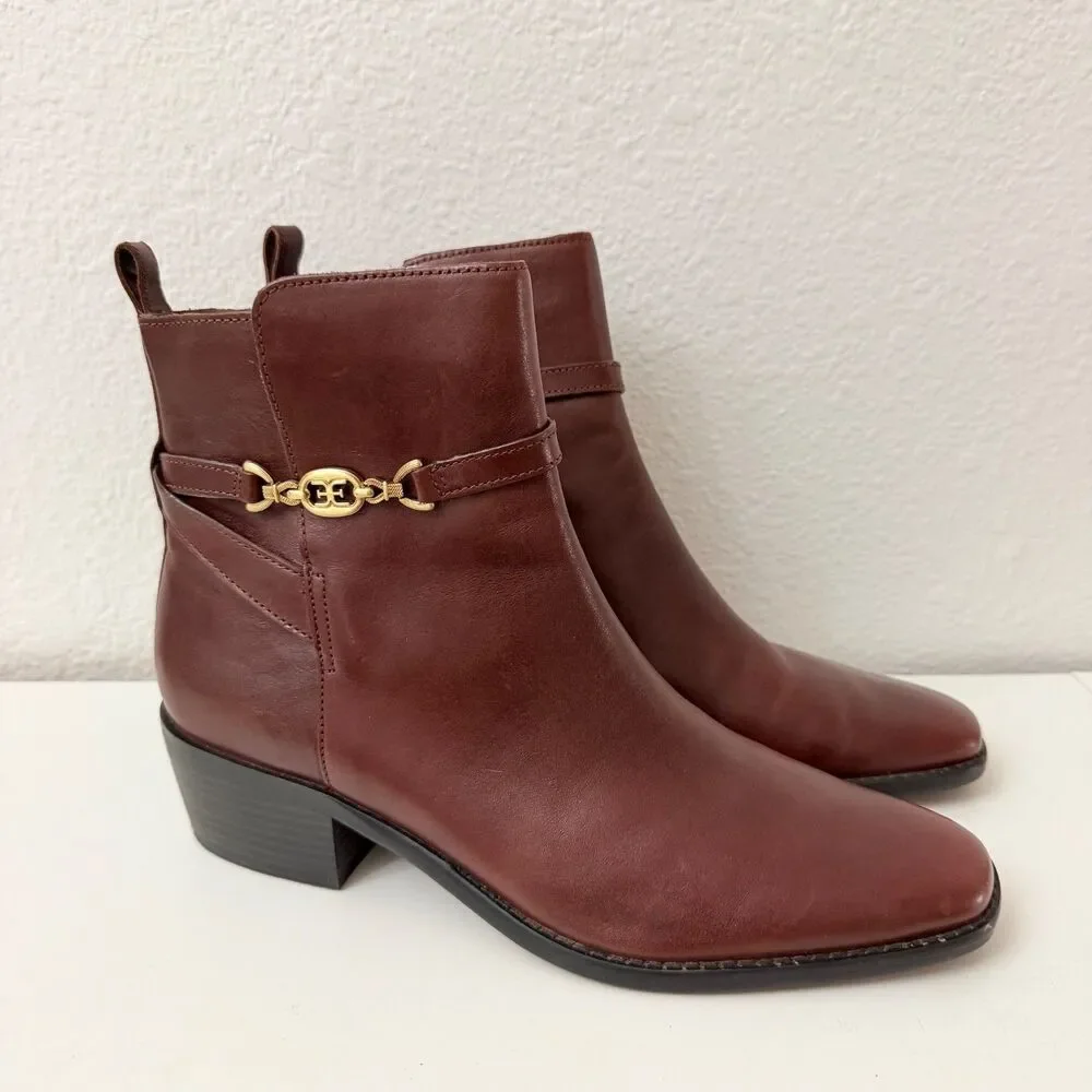 Sam Edelman Brown Leather Ankle Boots Women's Size 10 Gold Horsebit Block Heel